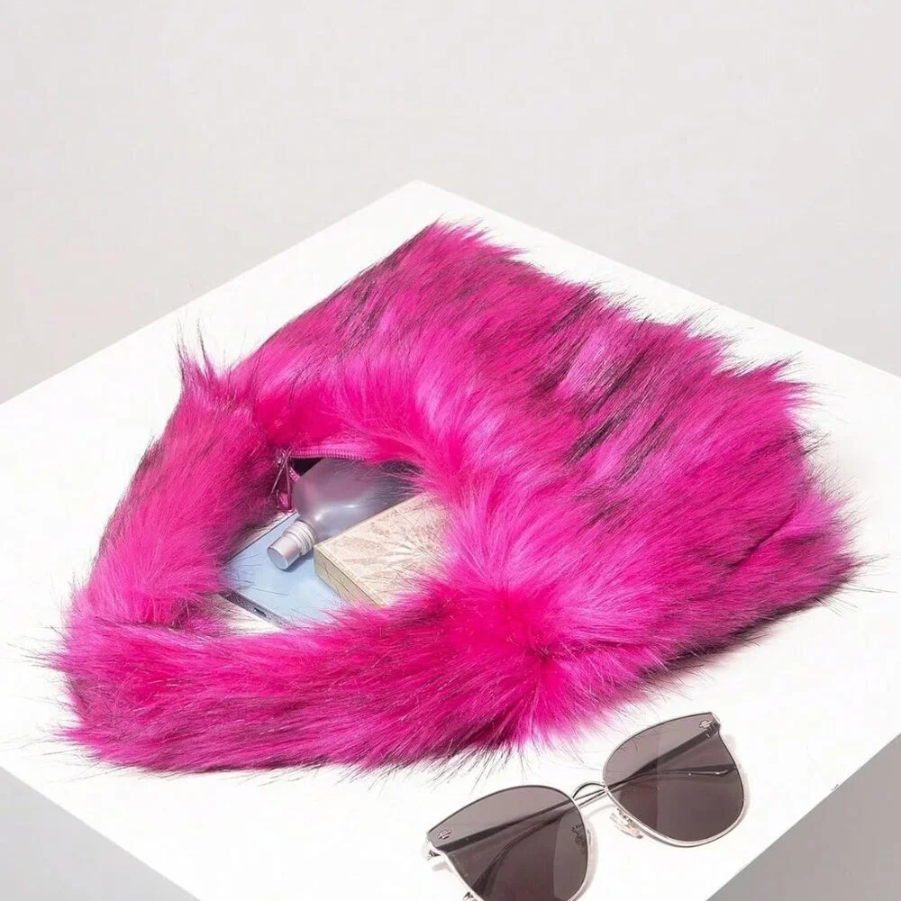 Faux Fur Shoulder Bag Womens Plush Crescent Hobo Purse Underarm Tote